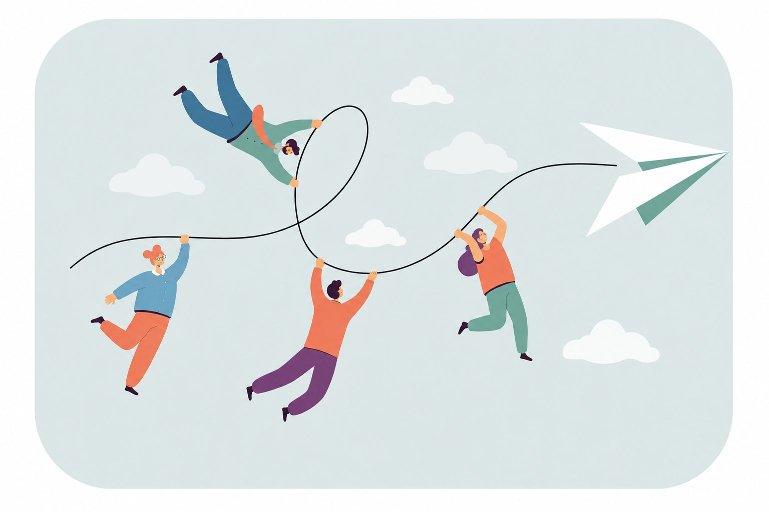 People holding a line connected to a paper airplane in the sky
