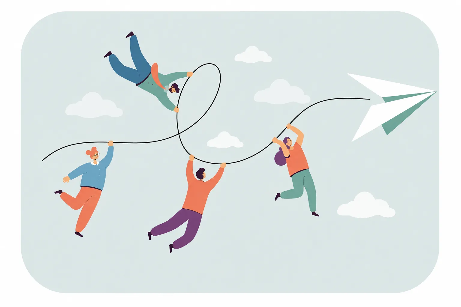 People holding a line connected to a paper airplane in the sky